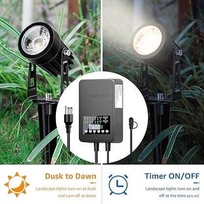 SUNVIE 300W Low Voltage Landscape Transformer with 2 Independent Control Output Landscape Lighting Transformer with Timer and Photocell Sensor 120V AC to 12/14V AC Weatherproof Low Voltage Transformer