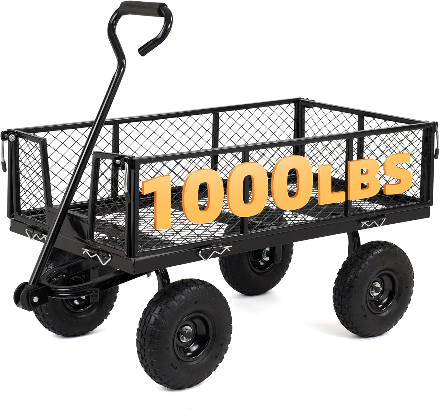 Finnhomy Heavy Duty 1000 Lbs Capacity Mesh Steel Garden Cart, Pullable Garden Wagons Carts on Wheels, Folding Utility Wagon with Removable Sides for Outdoor, Yard, Lawn, Black