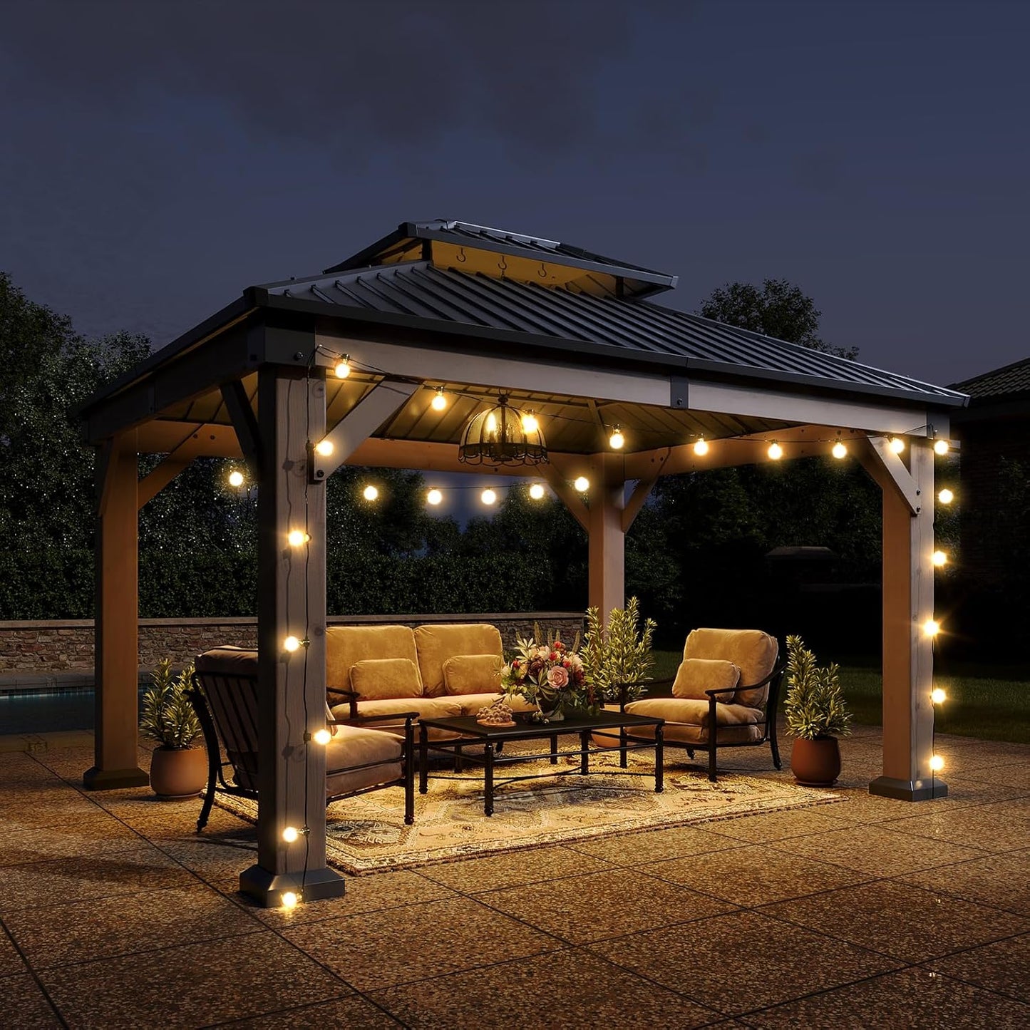 Aoxun 10' x 12' Outdoor Wood Gazebo, Hardtop Gazebo Permanent Wooden Pavilion with Galvanized Steel Double Roof, and LED Outdoor Waterproof Hanging Lights, for Patio, Garden, Deck, Cedar Wood