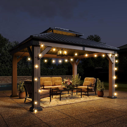 Aoxun 10' x 12' Outdoor Wood Gazebo, Hardtop Gazebo Permanent Wooden Pavilion with Galvanized Steel Double Roof, and LED Outdoor Waterproof Hanging Lights, for Patio, Garden, Deck, Cedar Wood