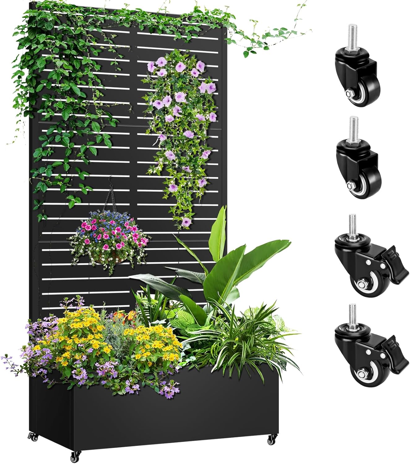 Metal Planter Box with Trellis, 72"x35"x16" Metal Raised Garden Bed with Trellis, Trellis Planter Box with Drainage Holes & Lockable Casters for Climbing Plants, Vegetables, and Vines