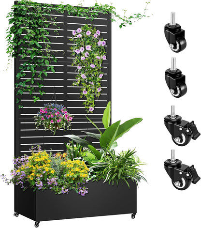 Metal Planter Box with Trellis, 72"x35"x16" Metal Raised Garden Bed with Trellis, Trellis Planter Box with Drainage Holes & Lockable Casters for Climbing Plants, Vegetables, and Vines
