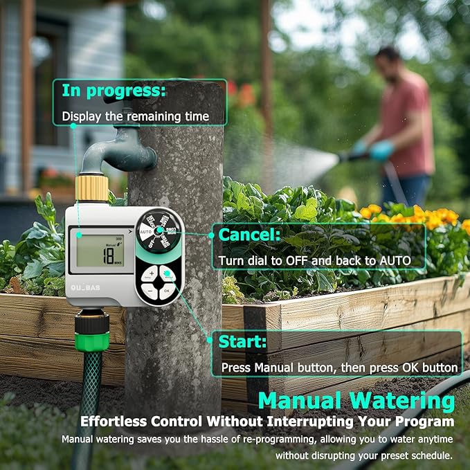 [2 Pack] QUOBAS Digital Water Timer, Programmable Sprinkler Controller, Large LCD Display, Auto/Manual/Delay Modes, for Garden Hose Watering and Drip Irrigation System