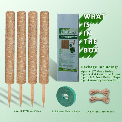 Moss Pole, 4 Pack 17Inch Monstera Plant Support for Climbing Plants Accessories Indoor -Stackable Moss Poles Plant Support Stakes -Coir Plant Pole Sticks for Potted Plants -Pothos, Tall Plant Trellis