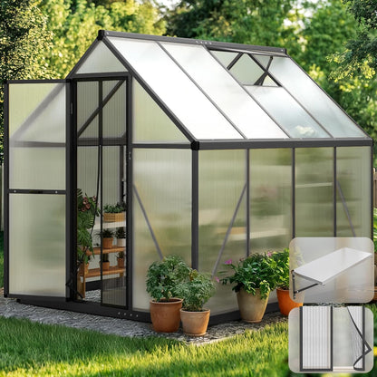 KING BIRD Greenhouse for Outdoors, 7.4x6 FT Polycarbonate Walk-in Green House, Quick-Setup Aluminum Frame UV Resistant Panel for Outside Garden Backyard W/ Lockable Screen Door, Vent, 2 Shelves, Black