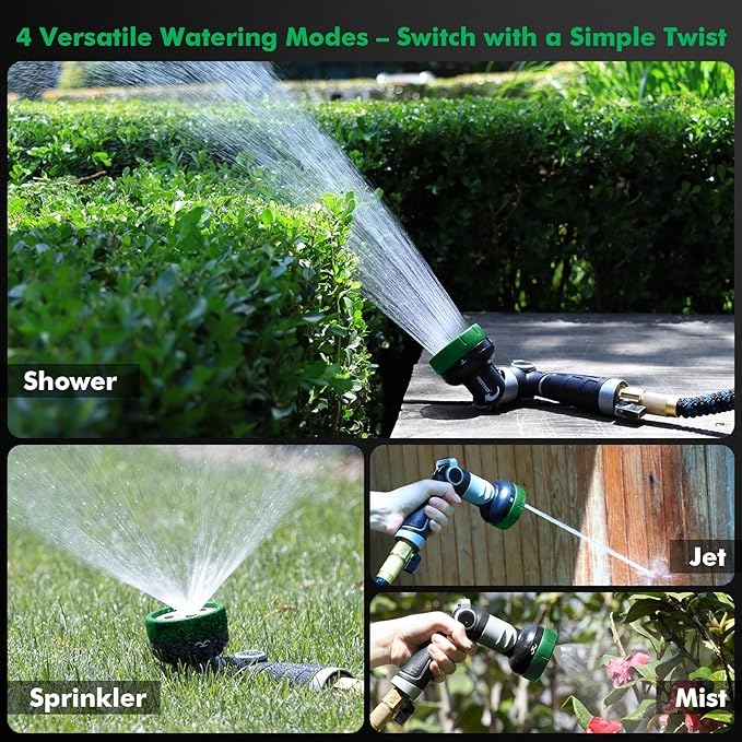 RESTMO 2-IN-1 Garden Hose Nozzle, Heavy Duty Metal Water Hose Nozzle with 4 Spray Patterns, Magic Twist and Thumb Flow Control, Ideal for Watering Plants & Lawns, Washing Cars & Pets, Green