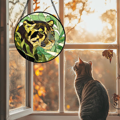 Stained Glass Window Hanging 4 Pcs Set Green Plants Animals Theme 7.8" - Bird Tiger Suncatcher Door Garden Sun Catcher Decor Birthday for Mom Woman Nana Men Friend