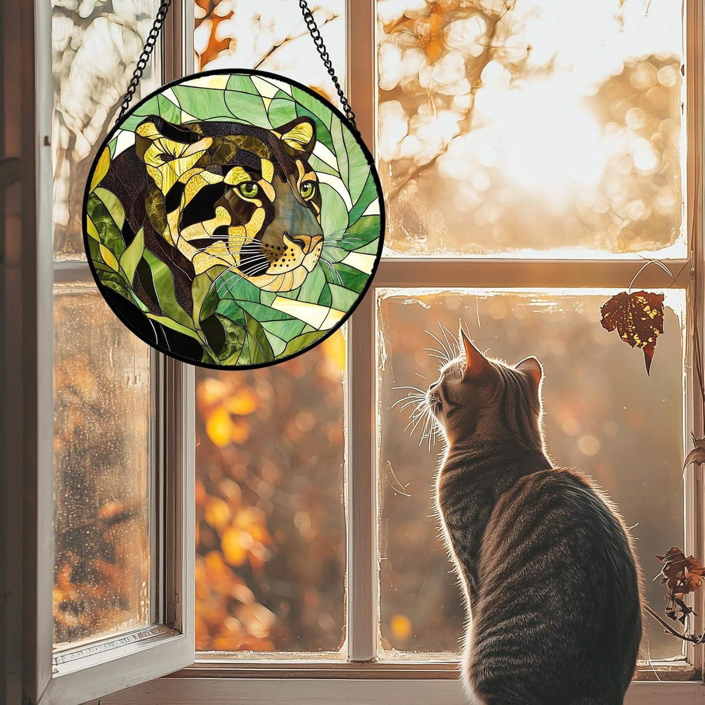 Stained Glass Window Hanging 4 Pcs Set Green Plants Animals Theme Large 15" - Bird Tiger Suncatcher Door Garden Sun Catcher Decor Birthday for Mom Woman Nana Men Friend