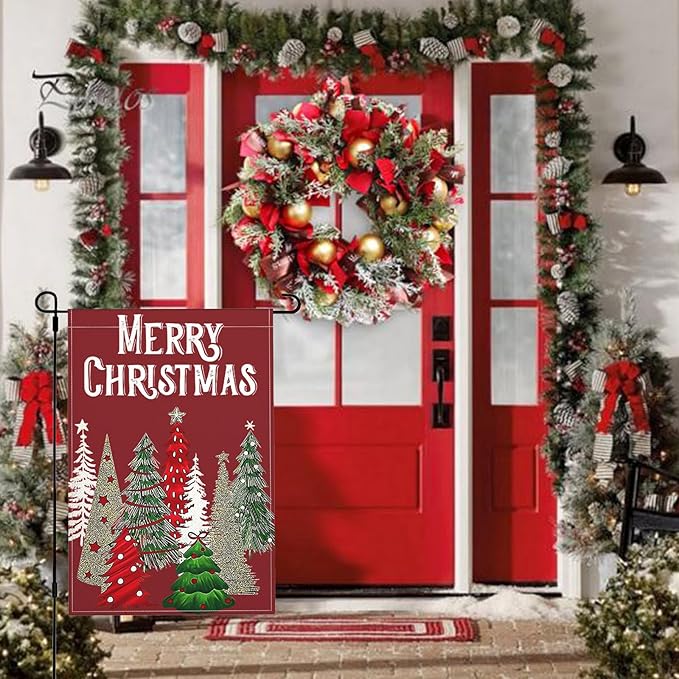 Christmas Trees Garden Flag, Merry Christmas Yard Flag Double Sided Weather Resistant Outside Decorative Flag for Patio Lawn Home Courtyard 12x18inch