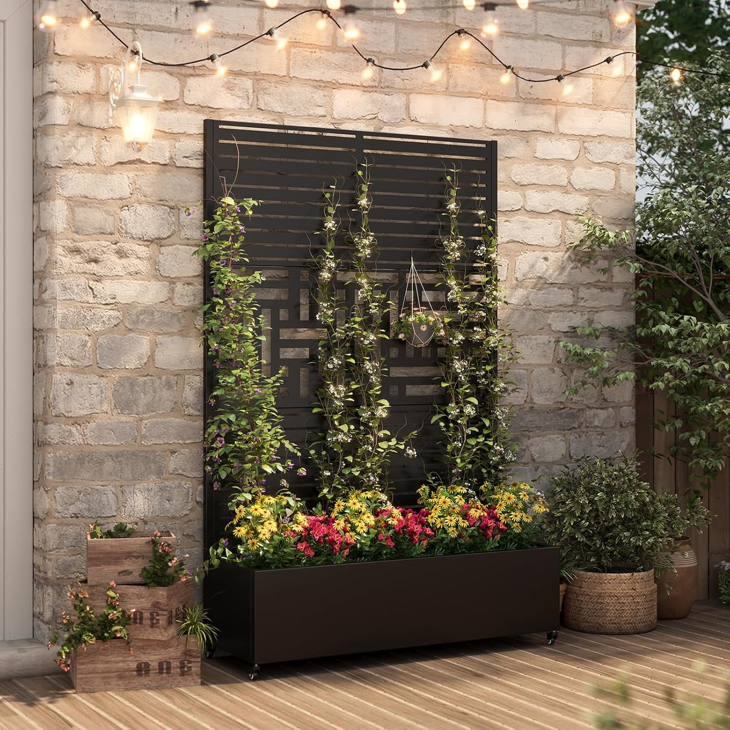 Metal Raised Garden Bed with Trellis & Wheels,72" x 47"x 15.7" Planter Box with Trellis,Privacy Planters for Patio,Garden Bed for Climbing Plants,Suitable for Climbing Plants and Vegetables,Black