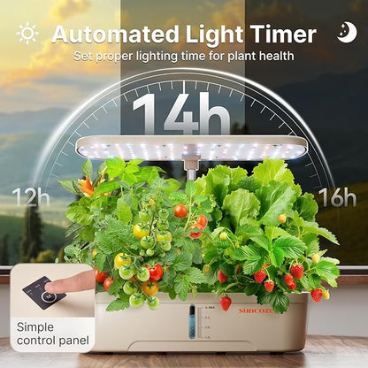 SUNCOZE Hydroponics Growing System Kit 12 Pods, Indoor herb Garden with 20W LED Grow Light, Visible Water Tank with Pump, 2.2"-12.4" Adjustable Height Indoor Gardening System, Gardening Gifts, Beige