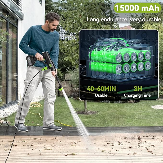 Portable Cordless Pressure Washer, 990PSI Portable Pressure Washer, Battery Powered 15000mAh, 6-in-1 Nozzle,10 Level,Handheld Car Washer, 33FT Hose, Power Cleaner for Car, Patio,Floor,Garden