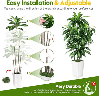 Artificial Dracaena Tree Indoor, 5FT Tall Fake Tree with White Tall Planter, Artificial Tree Fake Yucca Potted Tree for Home Office Living Room Decor，Tall Artificial Plant for Housewarming