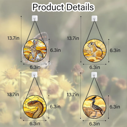 Stained Glass Window Hanging 4 Pcs Set Animals 6.3" - Desert Landscape Yellow Suncatcher Door Garden Sun Catcher Decor Birthday Christmas for Mom Woman Nana Men