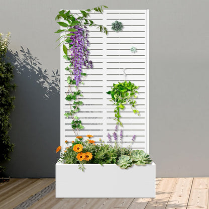 FENCY Metal Raised Garden Bed with Trellis, Metal Planter Box with Trellis, Garden Box for Climbing Plants Vegetable, 35" Lx16 Wx71 H Garden Bed with Drainage Holes(White-Louvered)