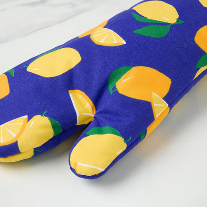 kate spade new york Lemon Party Oven Mitt 2-Pack Set, Heat Resistant, 100% Cotton, Navy Blue/Yellow, 7"x13"