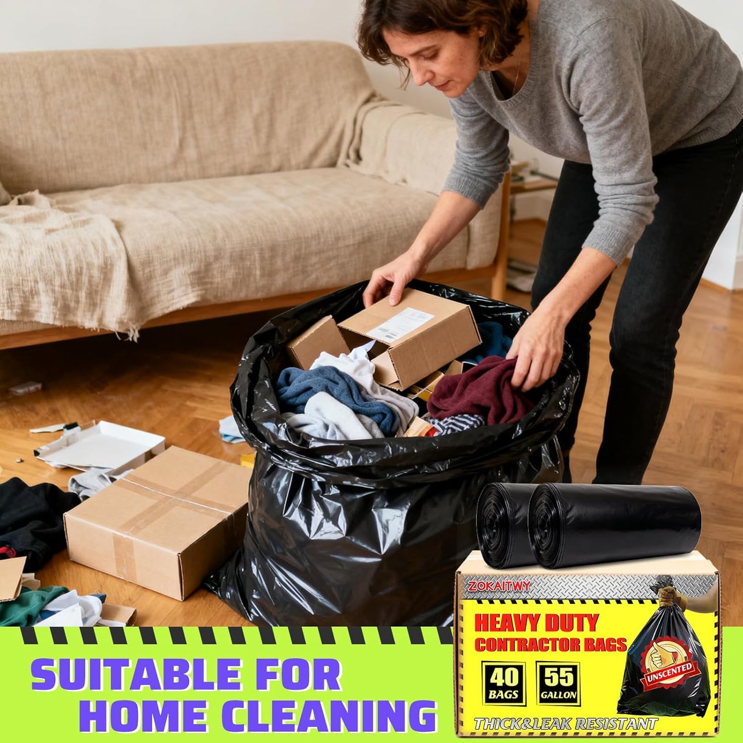 55-60 Gallon Trash Bags 40 Count, 2 Mil Heavy Duty Trash Bags, Durable & Tear-Resistant Trash Can Liners, Large Black Garbage Bags for Household Waste, Kitchen Waste, Yard Trash & Packing Leaves