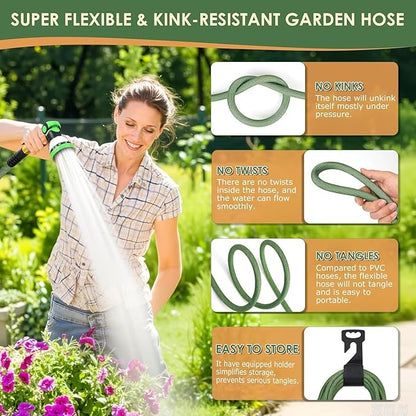 Non-Expandable Garden Hose 100 ft, Ultra Lightweight Flexible Water Hose with 10-Pattern Nozzle, Leak-Proof, High-Density Fabric, Thickened Connector, Shut-Off Valve for Yard, Lawn, Outdoor