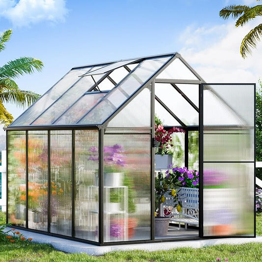 Polycarbonate Greenhouse, 8.2x6.2 FT Easy Assembly Aluminum Heavy Duty Greenhouses for Outdoors w/ Window, Swing Door, Walk-in Green House for Sunroom,Outside, Backyard, Garden, Black