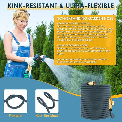 Non-Expanding Garden Hose 150 ft, Flexible Water Hose with 10 Function Spray Nozzle, Lightweight Hose Pipe, Leak-Proof, Durable, Kink-Resistant, 3/4 Inch Connector, Portable Storage Strap