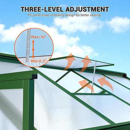 8x12 FT Polycarbonate Greenhouse with Roof Vent - Large Aluminum Walk-in Greenhouse Kit for Gardening, Backyard, Patio, Lawn - Easy Assembly