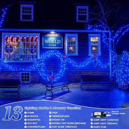 Upgraded Connectable 200 LED String Lights Indoor Outdoor, 66FT Blue Christmas Lights Waterproof, 13 Modes Twinkle Fairy Lights Plug in Clear Wire for Christmas Tree, Bedroom, Classroom, Wedding Decor