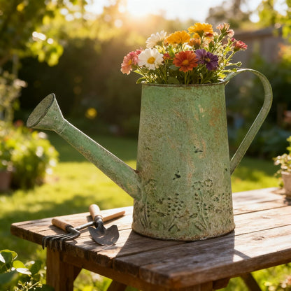 Vintage Metal Watering Can with Handle Rustic Farmhouse Watering Can Flower Pot Distressed Decorative Planter Retro Gardening Flower Bucket for Home Indoor Outdoor Garden Balcony Courtyard(Green#2)
