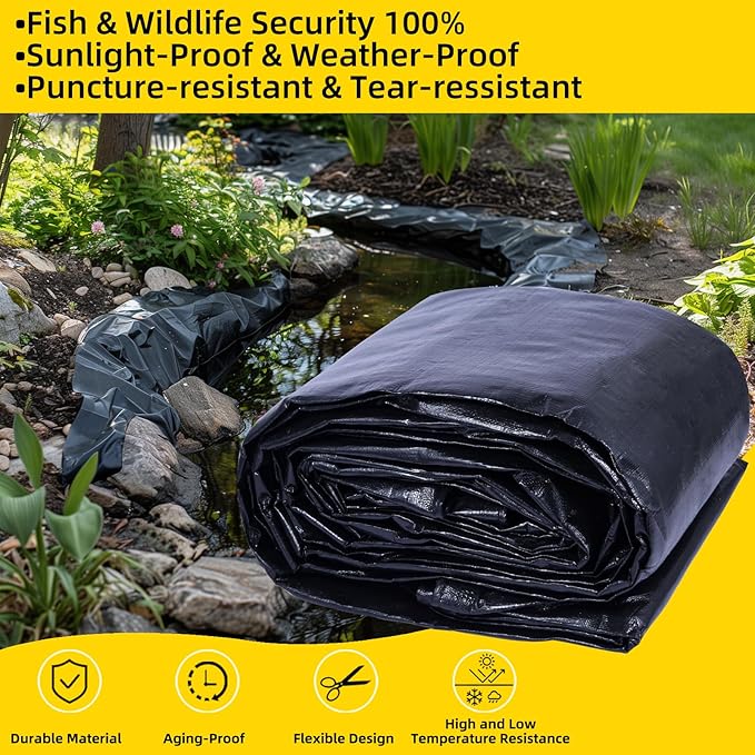 TEZONG Pond Liner,20x30Ft Pond Liners for Outdoor,28Mil PE Black Koi Fish Pond Liners,Reinforced Pond Underlayment for Ponds,Water Gardens,Waterfall, Stream, Fountains,Aquaculture,Agricultural