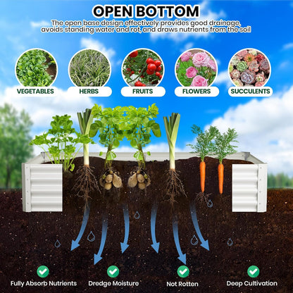 Galvanized Raised Garden Bed, 2 Pcs 6x3x1FT Outdoor Outdoor Planter Boxes with Open Base with Safety Edge and Glove, Elevated Rectangular Planting Bed for Vegetables Flowers Ground Planter, White