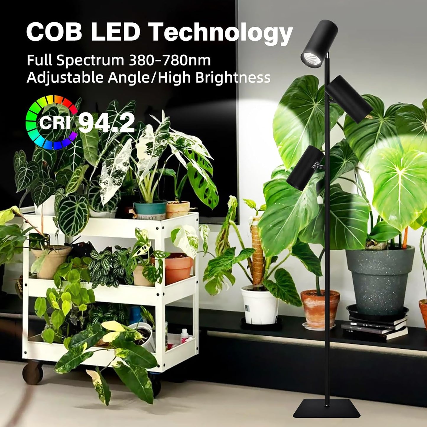 90W Dimmable Grow Light, Full Spectrum COB LED Triple-Head Floor Lamp with High CRI, 6/8/12H Timer, Adjustable Height (43"-83") & Angle – Standing Grow Lights for Indoor Plants (daylight 6000K)