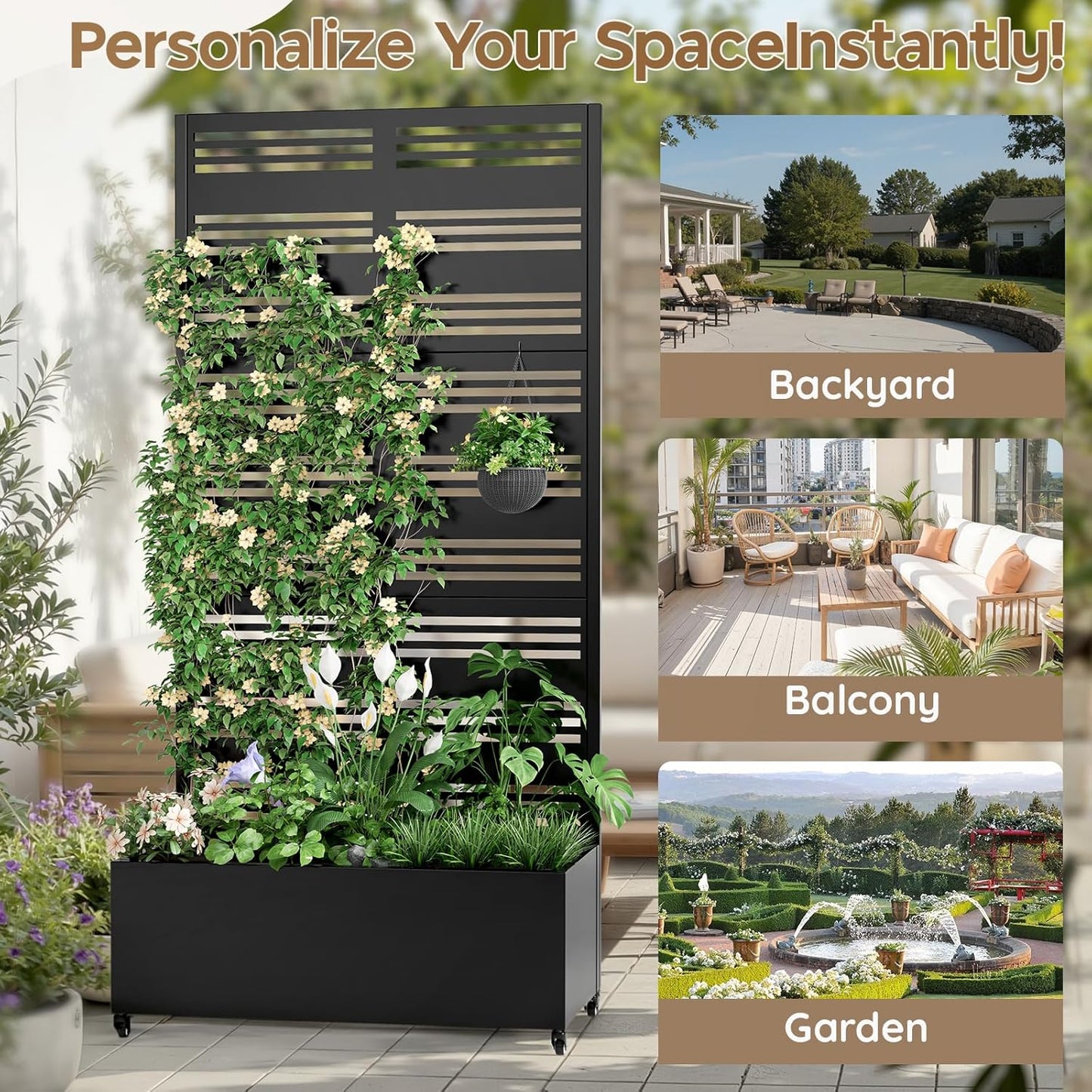 Metal Raised Garden Bed with Trellis & Wheels,72" x 35"x 15.7" Planter Box with Trellis,Privacy Planters for Patio,Garden Bed for Climbing Plants,Suitable for Climbing Plants and Vegetables,Black