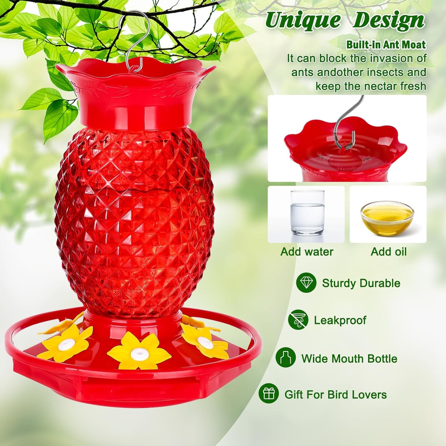 Glass Hummingbird Feeders for Outdoors Hanging Ant and Bee Proof Red 16OZ 1 Pack Pineapple Hummingbird Feeder with Leak Proof for Outside & 6 Feeding Ports Gifts for Women Garden Decor