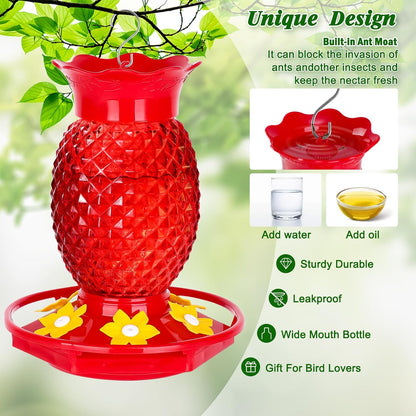 Glass Hummingbird Feeders for Outdoors Hanging Ant and Bee Proof Red 16OZ 1 Pack Pineapple Hummingbird Feeder with Leak Proof for Outside & 6 Feeding Ports Gifts for Women Garden Decor