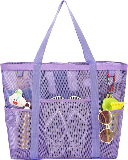 Mesh Beach Bag, Large Beach Tote with Zipper Pocket for Family Pool Bag for Toys & Vacation Essentials