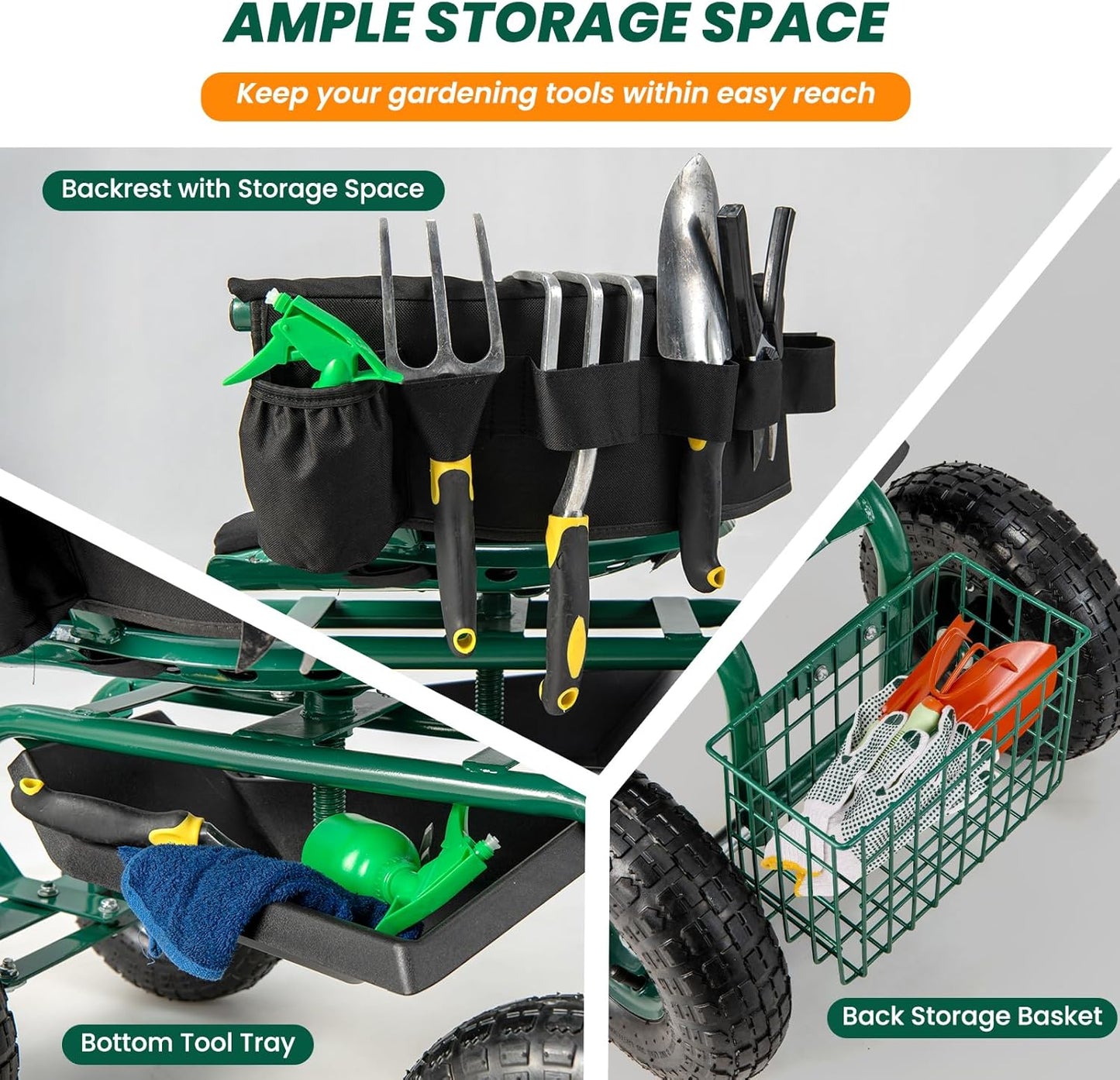 IRONMAX Garden Cart with Seat, Gardening Rolling Stool Scooter w/ 10’’ All-Terrain Wheels, Replaceable Handle & Removable Cushion for Planting, Outdoor Gardening Work Seat for Patio, Yard