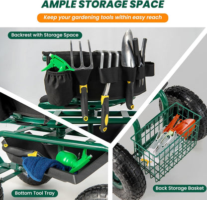 IRONMAX Garden Cart with Seat, Gardening Rolling Stool Scooter w/ 10’’ All-Terrain Wheels, Replaceable Handle & Removable Cushion for Planting, Outdoor Gardening Work Seat for Patio, Yard