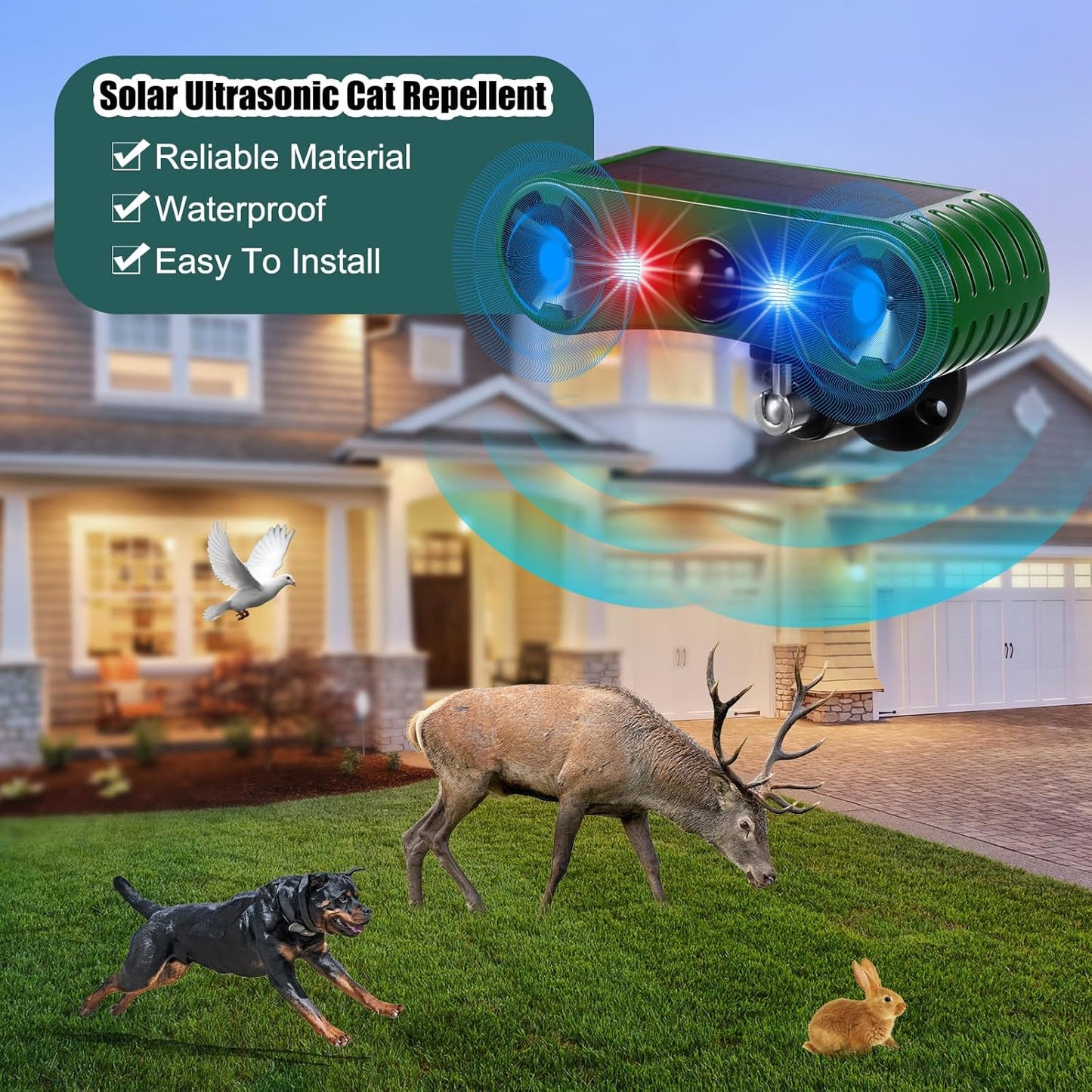Qualirey 4 Pack Solar Ultrasonic Animal Repellent Outdoor Waterproof Nocturnal Animal Deterrent with Adjustable Motion Sensor Alarm Flashing Light Repel Raccoon Cat Dog Fox Deer for Yard Garden Lawn
