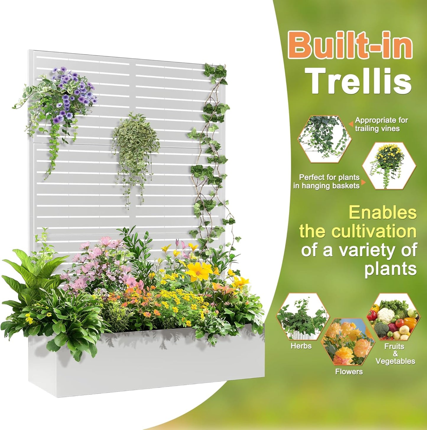 71"x47"x16" Metal Planter Box with Trellis, Raised Garden Bed with Trellis, Trellis with Planter Box & Privacy Screen for Climbing Plants, Vegetable, Vines(White, Louvered)