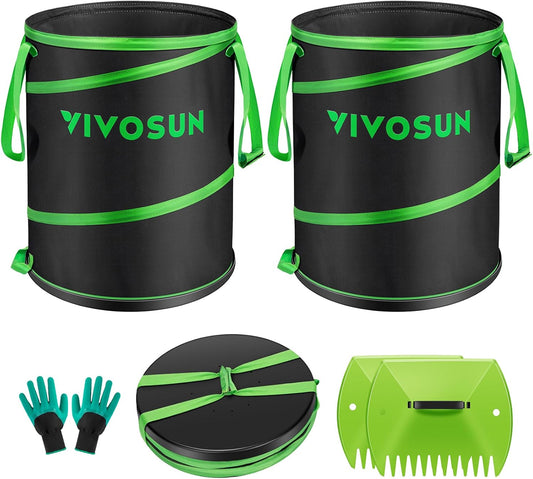 VIVOSUN 47-Gallon Collapsible Garden Bag, Yard Waste Bin with Hard-Shell Bottom, Leaf Scoops and Gloves, Collapsible Yard Waste Containers for Lawn Care and Camping, 2-Pack