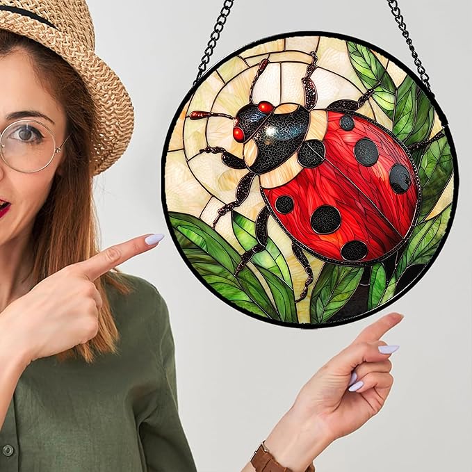 Stained Glass Window Hanging - Red Seven-Spotted Ladybug Sun Catcher for Door Home Decor Insect Suncatcher Christmas Mother's Day Birthday Gifts for Women Men Mom Nana 15 in