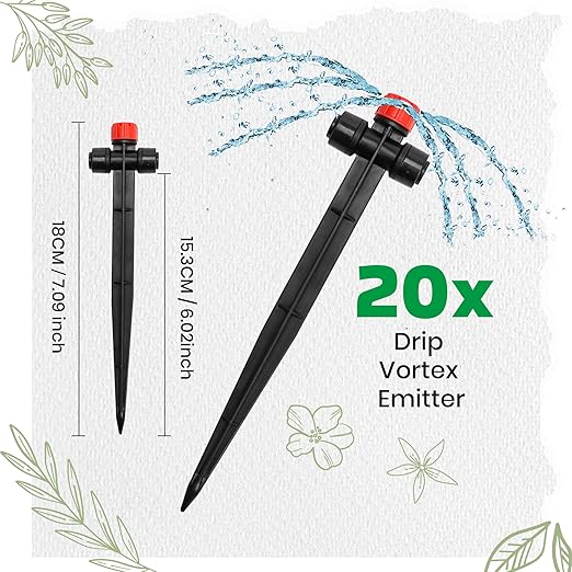 MIXC 20pcs Two-Way Quick-Connect Drip Irrigation Emitters for 1/4" Drip Irrigation Tubing - Adjustable Push-to-Connect 360° Drip Emitters Stream on 7" Sturdy Stake for Irrigation System