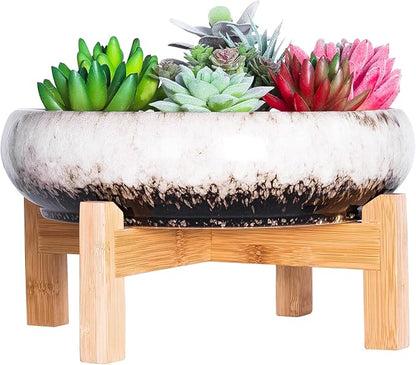 ARTKETTY Succulent Pots - 10 Inch Large Ceramic Bonsai Pots with Drainage Stand for Indoor Plants Shallow Planters Decorative Cactus Flower Plant Container Bowl