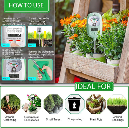 HSLGOVE Soil Test Kit, 7-in-One Soil Moisture Meter/Soil PH Meter/Fertility, Dual Screen Soil Tester w/Digital Soil Temp/Air Temp&Humidity for Plants Gardening,Lawn,Farm Indoor&Outdoor-LeafGreen