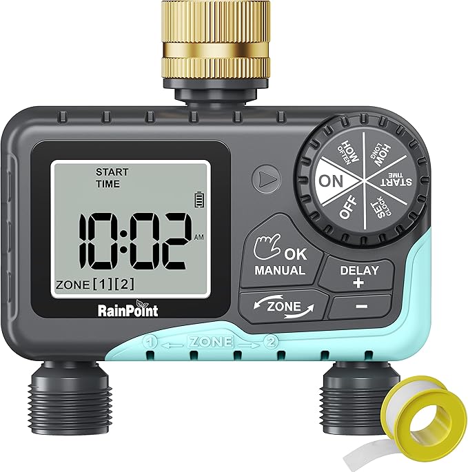 RAINPOINT Sprinkler Timer 2 Outlet, Water Timer for Garden Hose, Drip Irrigation Timer for Yard Outdoor Watering, Rain Delay/Manual/Automatic System Controller Brass Inlet, V2