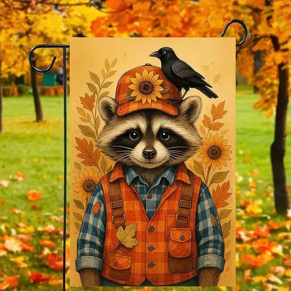 Thanksgiving Fall Garden Flag 12x18 Inch Welcome Raccoon Outdoor Flag Double Sided Autumn Yard Banner with Sunflower Hat and Bird for Porch Lawn Patio Seasonal Decor