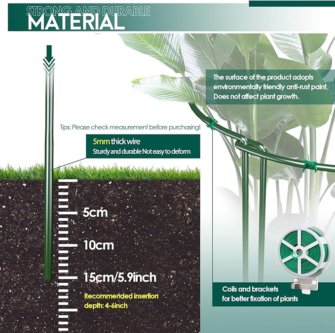 10 Pack 30 Inch Plant Support Stakes, Heavy-Duty Half Round Peony Support Ring Cage, Metal Garden Plant Stakes for Outdoor Plants - Peony, Tomato, Hydrangea with Cuttable Plant Ties