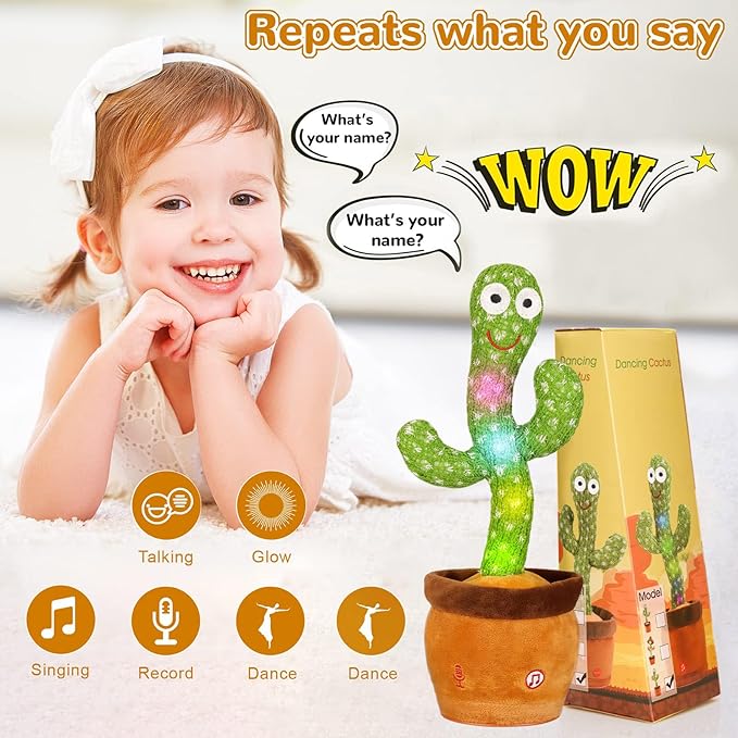 Dancing Talking Cactus Toy, Baby Singing Recording Mimicking Cactus Toy, Repeats What You Say, Musical Interactive Infant Toddler Toys for 1 Year Old Boys Girls