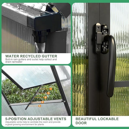 10x12 FT Greenhouse for Outdoor Large Heavy Duty Polycarbonate Greenhouses Aluminum Frame Walk-in Green House with 2 Windows Wider Door for Garden Plants Outside