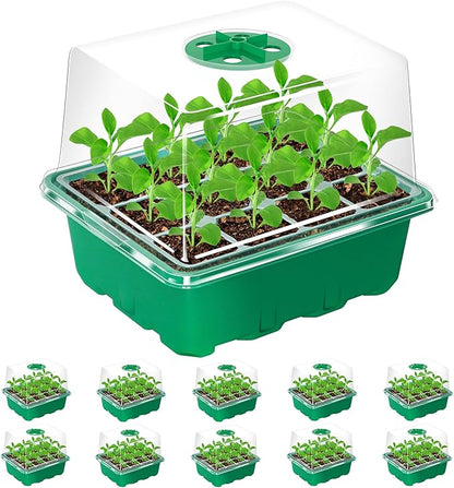 Bonviee 10 Packs Seed Starter Tray with Elevated Lid, 120 Cells Thicken Seed Starting Trays Kit with Adjustable Humidity Vent, Clear Cell Tray and Heightened Lids for Greenhouse & Gardens, Green
