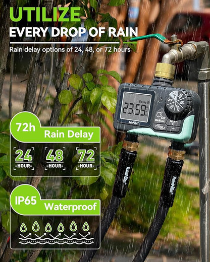 RAINPOINT Water Timer for Garden Hose - Sprinkler Timer with Brass Swivel - Rain Delay/Manual Watering/Automatic Irrigation Programmable Faucet for Yard, 2 Outlet
